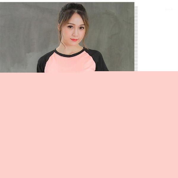 

woman yoga tight short sleeve fitness running sports training quick-drying high elasticity color matching round neck t-shirt outfit