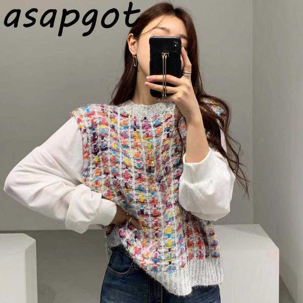 

chic korean autumn winter loose heavy tweed fake two-piece knitted sweater puff sleeve o neck patchwork pullover sweater pull 210610, White