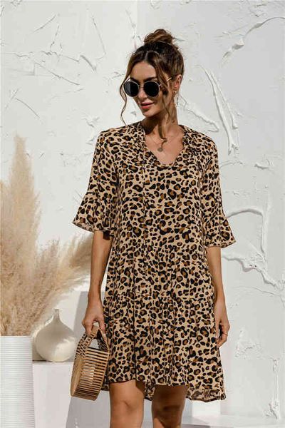 

2021 summer floral women dress stitching mini casual short sleeve v-neck flared sleeves female holiday leopard print lady g1223, Black;gray