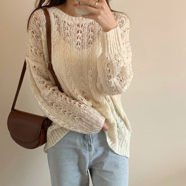 Comelsexy Moda Versátil Early Outono Knitwear Hollow Sol Loose Sunscreen Pullover Manga Longa Pesca Net Sweater fino 210515