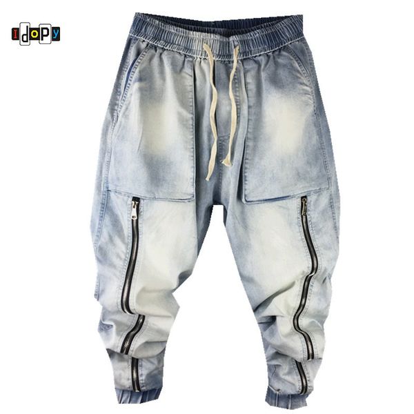 

idopy harem jeans zippers vintage washed drop crotch loose fit elastic waist drawstring big pockets denim joggers for man 210318, Blue