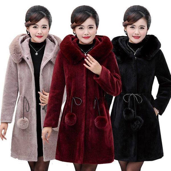 

women's fur & faux jacket women coat overcoat autumn and winter long veste belt hooded clthes, Black