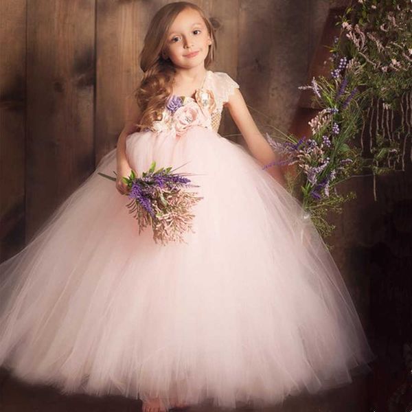 Beige, Lilla, Blush Pink Flower Girl Tutu Dress Abito da ballo principessa con una spalla in pizzo per ragazze Abiti da sposa per bambini Q0716