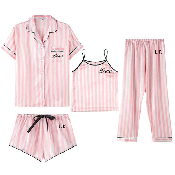 4 Stück personalisierte Name Frauen Nachtwäsche Faux Seide Satin Pyjamas Set Ärmel Nachtwäsche Pyjamas Anzug weibliche Homewear 210622