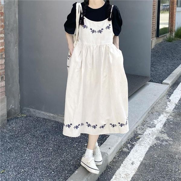 

casual dresses coigarsam vintage floral women dress loose embroidery spaghetti strap t-shirt with 6810, Black;gray