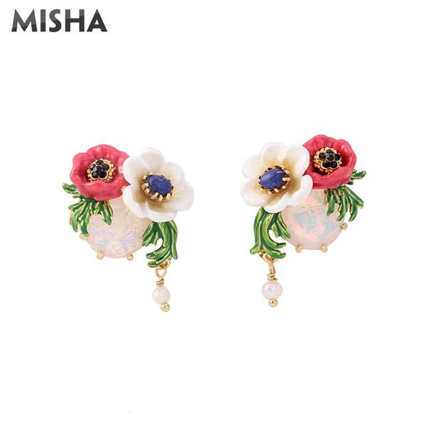

stud misha earrings for women girls handmade enamel glaze flower simulation gems romantic party jewelry gifts l905, Golden;silver