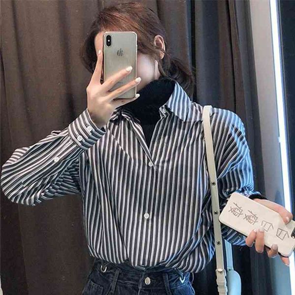 Primavera Escritório Senhora Manga Completa Mulheres Camisa Blusa Botão De Trabalho Up Striped Túnica Surgindo Mulheres Collar Feminino Tops 210521