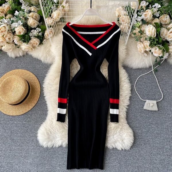 

heeylace slim v neck patchwork autumn bodycon knitted sweater midi dress casual winter party women knee length stretch dresses, Black;gray