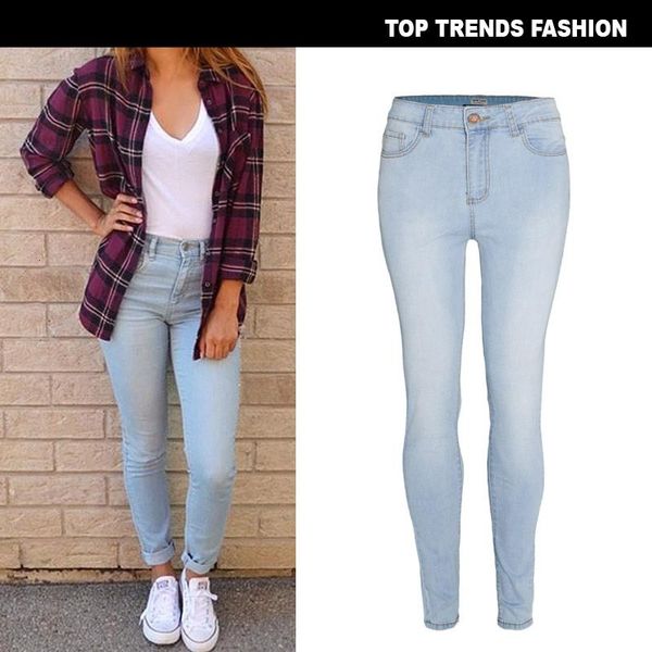 

spring popular pencil pants elastic high waist slim fit candy color large size small leg, Blue