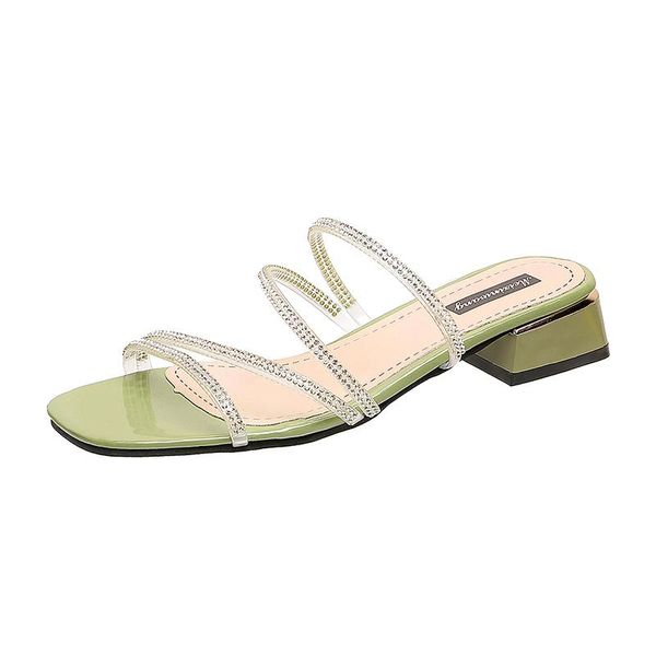 

slippers clear transparent crystal casual shoes summer women woman mules thick mid heels ladies slides plus size, Black
