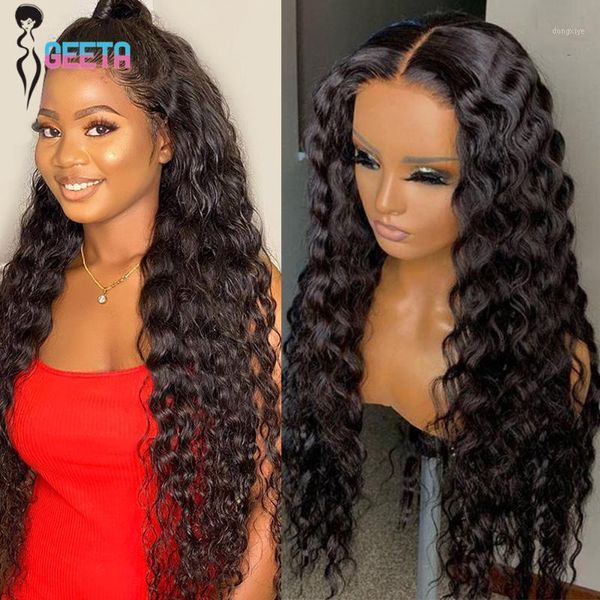 

geeta malaysian deep wave closure wig pre plucked 4x4 lace front human hair wigs 30inch remy curly frontal wig1, Black;brown