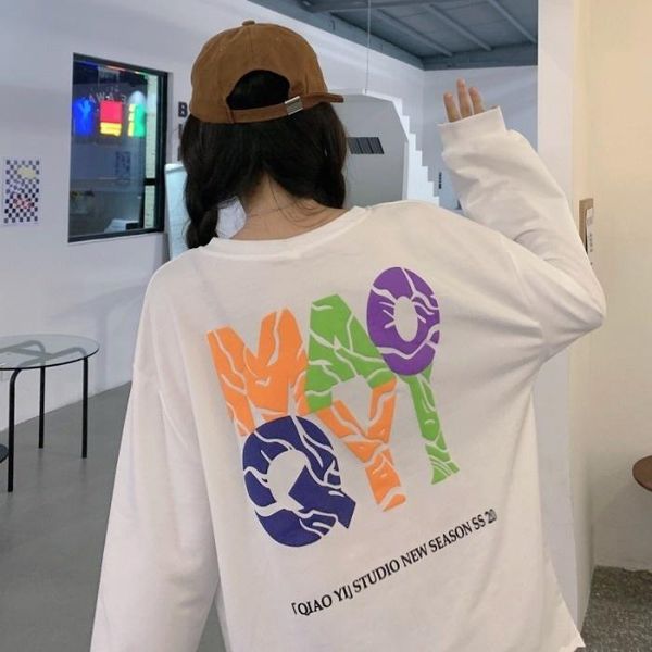 

women's t-shirt real po of autumn clothing all-match japanese round neck foam print, White