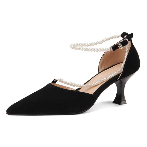 

dress shoes summer women's cow leather kid suede pointed toe thin heel height 6 cm string bead two-piece elegant pumps, Black