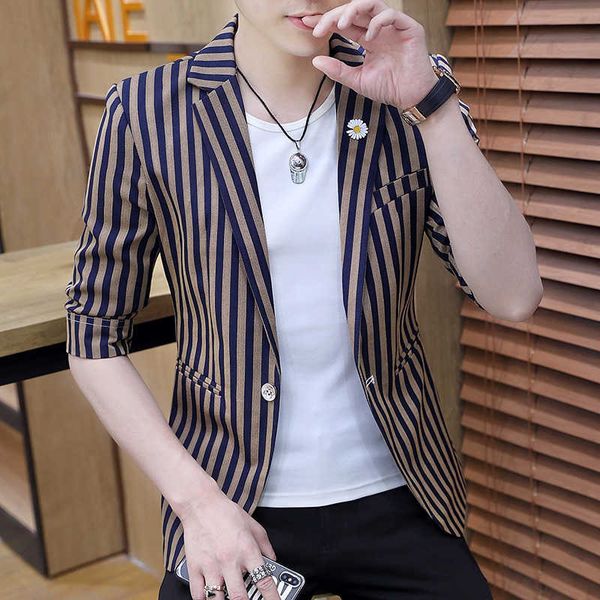 

summer blazer masculino short sleeve striped men blazers wedding business casual suit jacket streetwear social men clothing 210527, White;black