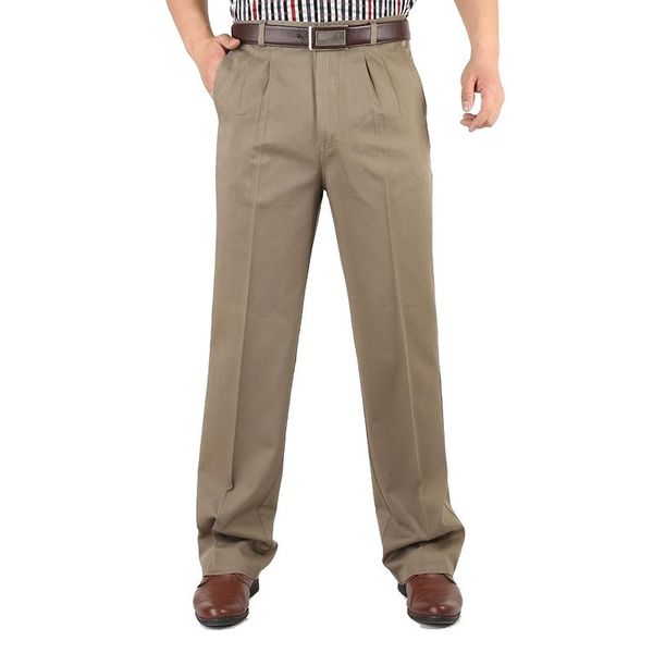 

middle-aged cotton pants high waist mens trousers double pleated loose autumn winter thicken warm business casual 30-46 men's, Black
