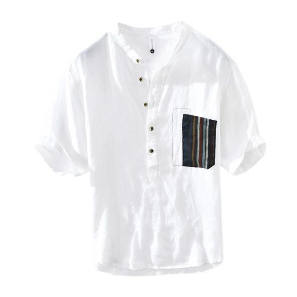 

men's casual shirts white short sleeve shirt for men summer japanese fashion pure linen male thin slim fit stripes contrast pullover, White;black