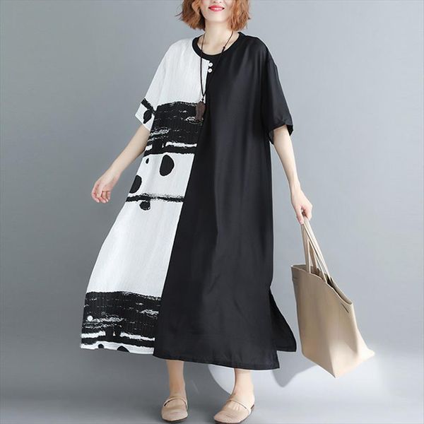 

chinese style short sleeve vintage women dress plus size black with linen dresses casual loose summer 4xl 5xl, Black;gray