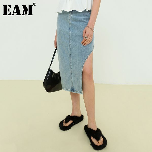 

[eam] high waist blue denim bandage slit temperament long half-body skirt women fashion spring summer 1dd8730 21512, Black