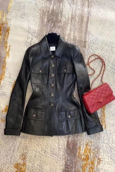 

european station early autumn waist shaping womens fake genuine leather clothes proud motorcycle pu leather jacket retro jacket, Black