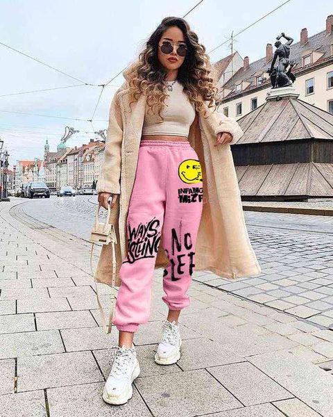 Pantaloni casual da donna hip-hop retrò anni '90 color street loose tasca a vita alta plus size sport autunnali e invernali 211124
