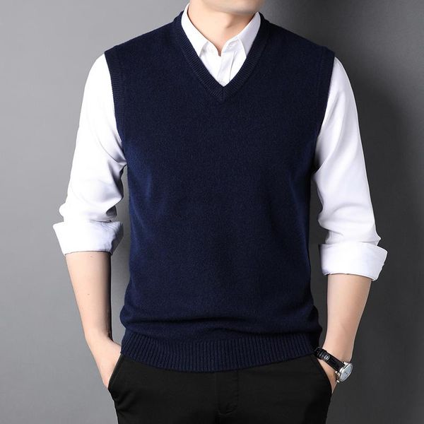 

men's vests 100% pure wool sweater autumn winter v-neck sleeveless vest casual loose pullover knitted, Black;white