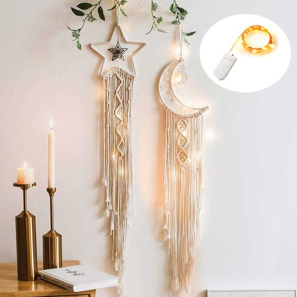 Moon Star Macrame Parede Pendurado Boho Room Decor Kids Meninas Decoração de Casa com LED Light presentes Drop 210609