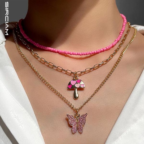

chains sweet pink mushroom crystal butterfly beaded necklace for women handmade rice bead choker layered pendant necklaces boho jewelry, Silver
