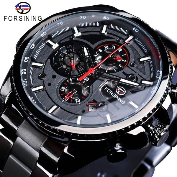 

wristwatches forsining three dial calendar display black stainless steel men automatic wrist watch sport male clock, Slivery;brown