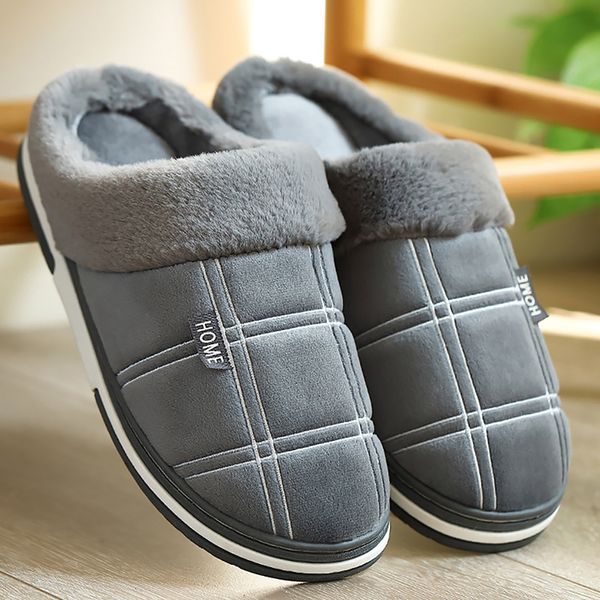 Homens Sapatos Inverno Casa Quente Chinelos de Camurça Gingão Pelúcia Veludo Indoor Non Slip Slipper Masculino Impermeável