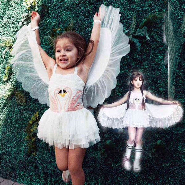 Mädchen Kleid Engel Flügel Kostüm Schwan Prinzessin Kleid Blume Baby Tutu Kleid Pailletten Kleine Mädchen Hosenträger Vestido Mode 2021 G1129