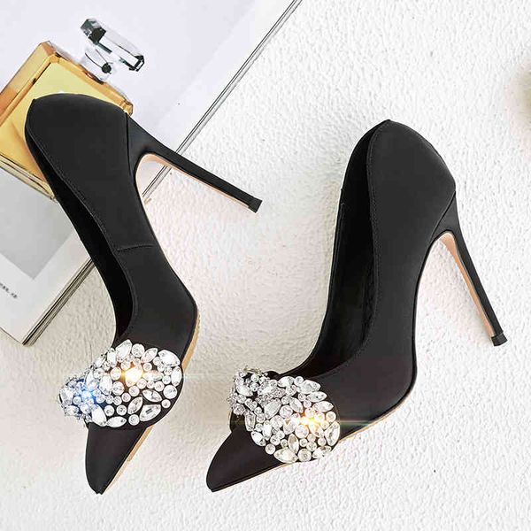 

sandals rhinestone pointed high heels stiletto shallow mouth wedding bridesmaid bow crystal women's shoes large size, Black