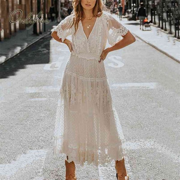 

summer boho women maxi dress vintage polka dot white lace long tunic beach 210513, Black;gray