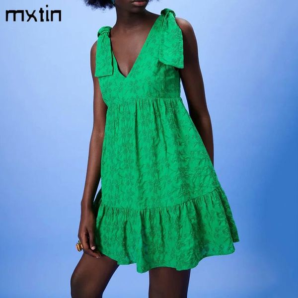 

casual dresses mxtin 2021 women summer vintage green embroidery ruffles mini dress fashion sleeveless bow tied strap female party mujer, Black;gray