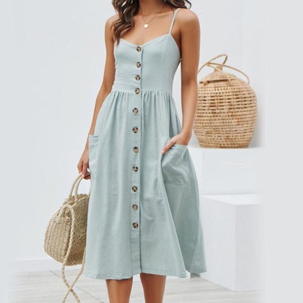 

casual dresses vintage sundress female beach dress midi button backless polka dot striped women summer 2021 boho floral, Black;gray