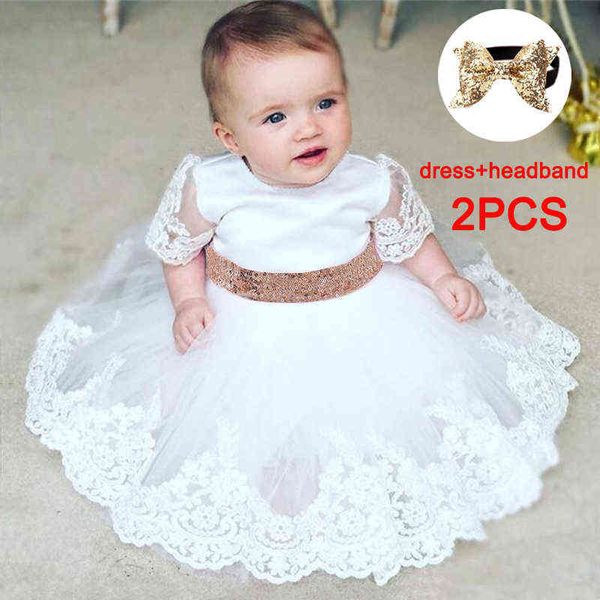 2021 Summer White Infant 2 1 Year Birthday Dress For Baby Girl Clothes Abito con paillettes Abiti da principessa Abiti da cerimonia per feste G1129