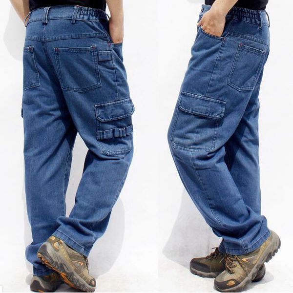 

men's jeans straight jeans, blue cotton loose with more pockets, jumpsuit