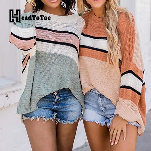 

women's sweaters colorblock striped print casual young style sweater women long sleeve round neck loose pullover, White;black