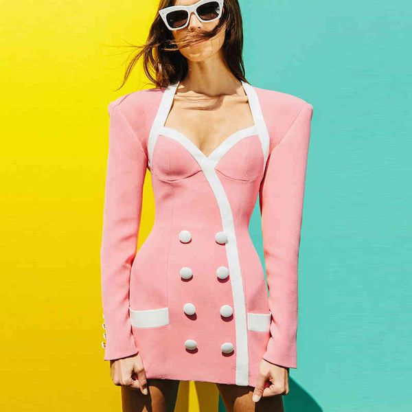Yüksek Street EST Tasarımcı Elbise kadın Omuz Kare Yaka Uzun Kollu Kruvaze Renk Bloku Mini 210521