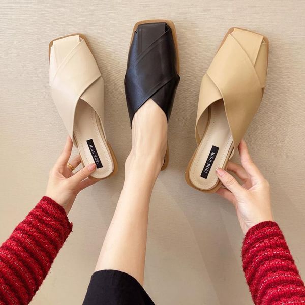 

shoes cover toe slippers flat mules for women 2021 luxury slides pantofle low loafers summer square designer soft pu retro, Black