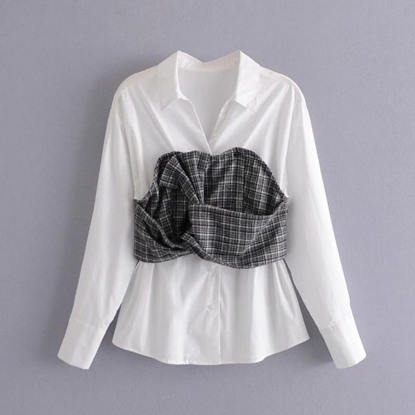 

spring women chic design plaid splicing white shirt female long sleeve blouse casual lady loose blusas s8678 women's blouses & shirts