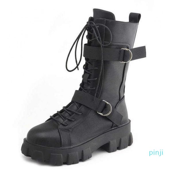 Stiefel Damen Reißverschluss Schnür-Motorrad-Plattformschuhe Mid-Tube Frühling und Herbst Punk Pu-Leder