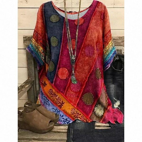 

women's bohemian theme geometric blouse shirt graphic abstract print round neck ethnic vintage boho blue purple yellow n9vq#, White