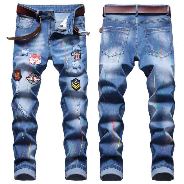 

jeans men's fashion badge stitching three dimensional cat beard monkey hole patch stretch slim fit, Blue