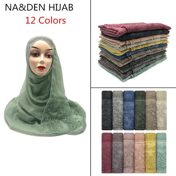 

scarves 2021 pealrs women plain viscose scarf head hijab wrap solid lace flowers femme islamic shawls oversize headband muslim 1pc, Blue;gray