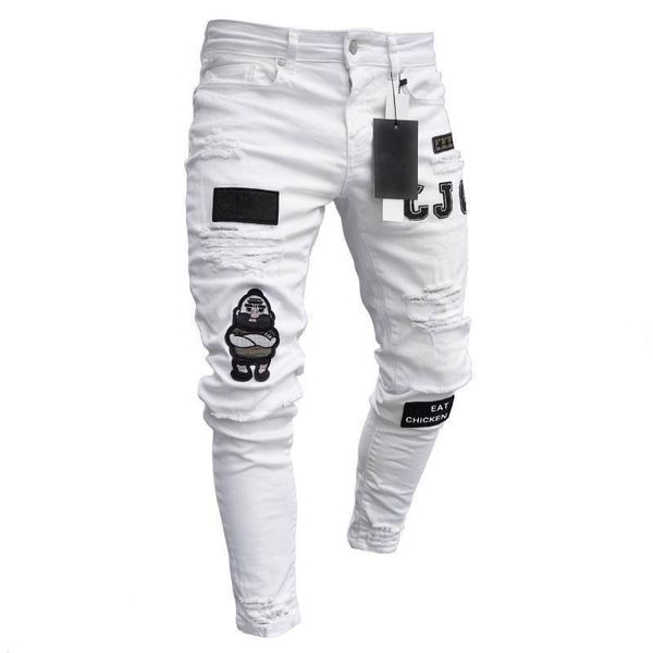 

men's jeans nice men ripped patched badge painted straight slim fit hip hop casual denim jean for man broken holes boys, Blue