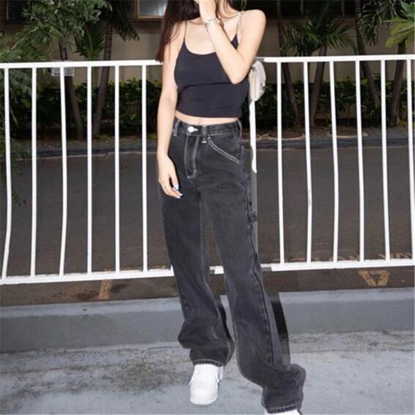 

women's jeans high waist straight for women korean casual black long wide leg woman 2021 denim pants, Blue