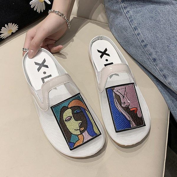 

slippers summer mesh half woman comfortable breathable fashion wild flat shoes non-slip wear-resistant women's, Black