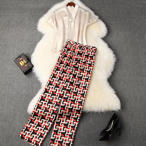 

women's spring summer 2 piece set v neck short sleeve solid shirt + vintage print ol pants fashion lady suit two dress, White