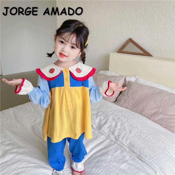 

spring baby pajamas long sleeve cotton apple peter pan collar long pants homewear girl cute outfits e8038 210610, Blue;red