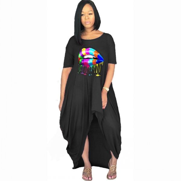 

dresses african new women o-neck short sleeve mouth print irregular loose maxi dress fashion long vestidos africa clothing, Black;gray